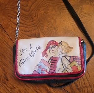 Brighton "It's a Girl World" Black Red Genuine Leather Crossbody Purse Wristlet